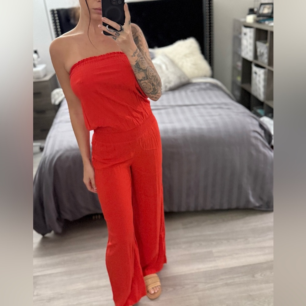 Red summer strapless jumpsuit